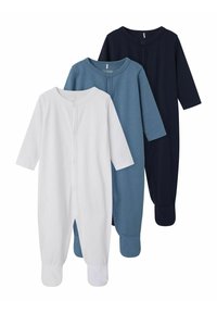 Tre långärmade baby bodysuits i vitt, ljusblått och marinblått. Tillverkade av mjukt tyg med knäppningar och fötter.