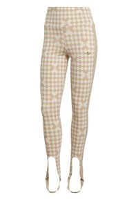 Béžové legíny s diamantovým vzorem a květinovými akcenty. Vyrobené z elastického materiálu, mají výřezy na kotnících a vysoký pas.