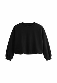Schwarzer, verkürzter Sweatshirt mit rundem Hals, langen Ärmeln und gerippten Bündchen. Weicher Stoff mit glatter Textur, keine sichtbaren Muster oder Akzente.