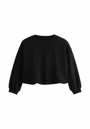 Felpa nera corta con collo rotondo, maniche lunghe e polsini a costine. Tessuto morbido con una texture liscia, senza motivi o dettagli visibili.