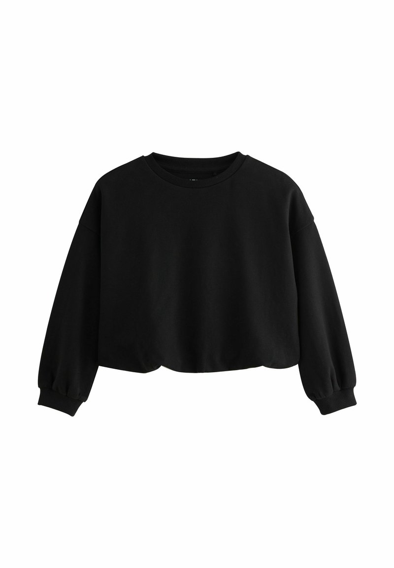 Schwarzer, verkürzter Sweatshirt mit rundem Hals, langen Ärmeln und gerippten Bündchen. Weicher Stoff mit glatter Textur, keine sichtbaren Muster oder Akzente.