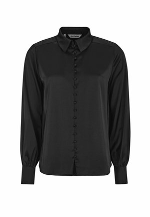Bluză neagră cu guler, mâneci lungi și închidere cu nasturi. Fabricată dintr-un material neted, cu mâneci bufante și detalii cu nasturi.
