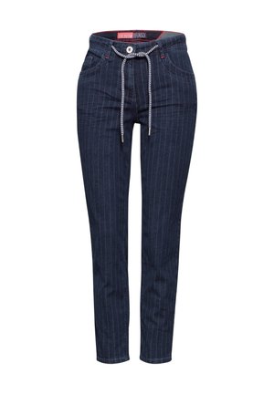 Pantalons en denim foncé avec des rayures verticales, taille élastique à cordon et poches avant avec des accents de surpiqûres rouges. Texture lisse, coupe slim.