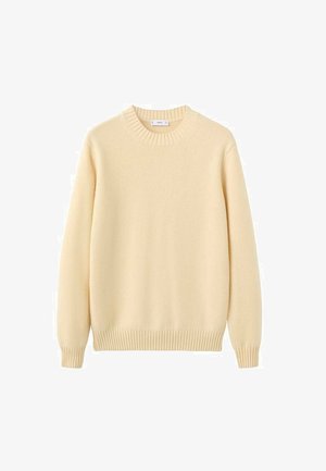 Kremowy sweter z okrągłym dekoltem wykonany z miękkiego, dzianinowego materiału. Posiada ściągacze na mankietach i u dołu, gładką fakturę oraz prosty, minimalistyczny design.