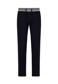 Marineblå sweatpants lavet af blødt stof, med snøre i taljen, hvide og grå striber i taljen og tapered ben-design.