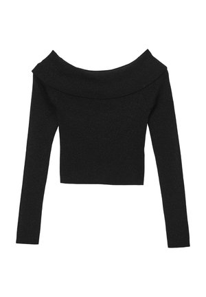 Top corto nero senza spalle con maniche lunghe, realizzato in un tessuto testurizzato con una leggera lucentezza. Caratterizzato da un ampio scollo.