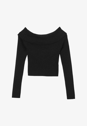 Schwarzes, schulterfreies, gekürztes Oberteil mit langen Ärmeln, gefertigt aus einem strukturierten Stoff mit einem subtilen Schimmer. Verfügt über einen breiten Ausschnitt.