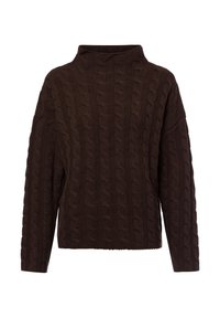 Brauner Strickpullover mit hohem Kragen. Ausgestattet mit einem strukturierten Zopfmuster und lockerem Schnitt, mit überschnittenen Schultern und langen Ärmeln.