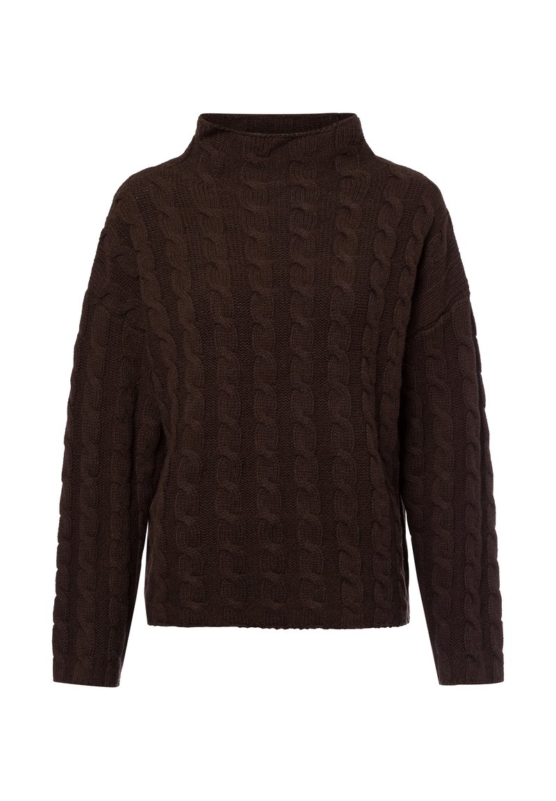 Brauner Strickpullover mit hohem Kragen. Ausgestattet mit einem strukturierten Zopfmuster und lockerem Schnitt, mit überschnittenen Schultern und langen Ärmeln.