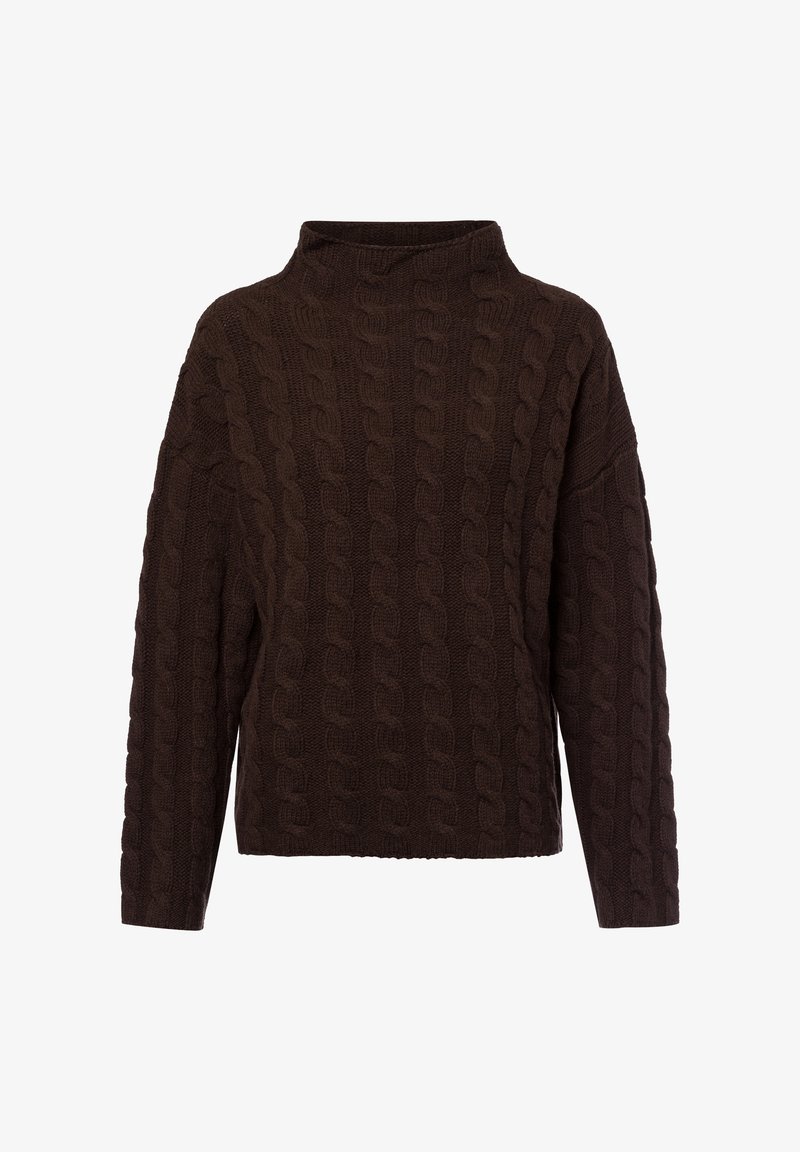 Bruine gebreide trui met een hoge hals. Heeft een textuur van kabelbreipatroon en een losse pasvorm, met verlaagde schouders en lange mouwen.