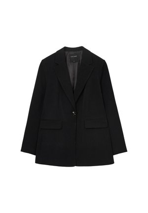 Blazer noir au design ajusté, avec des revers crantés, fermeture à un bouton et deux poches avant. Texture lisse, intérieur doublé.