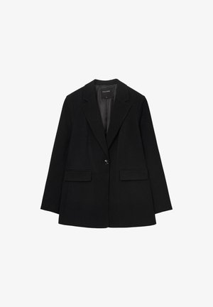 Black blazer with a tailored design, featuring notched lapels, single-button closure, and two front pockets. Smooth texture, lined interior.