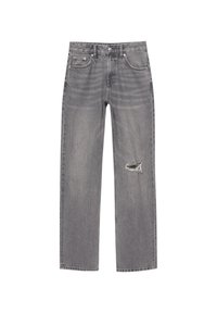 Jeans rectos grises con un detalle rasgado en el muslo derecho, bolsillos frontales, trabillas para el cinturón y un cierre de botón en la cintura.