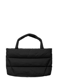 Schwarze gepolsterte Tragetasche mit zwei Griffen, die ein strukturiertes Design und eine gesteppte Textur aufweist und eine minimalistische Ästhetik betont.