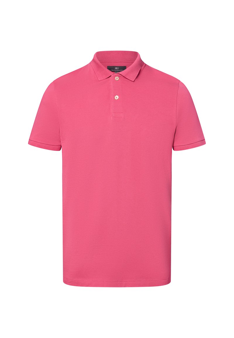 Polohemd in leuchtendem Pink, kurze Ärmel, weicher Baumwollstoff, klassischer Kragen mit zwei Knöpfen, schlichte Gestaltung ohne Muster oder Akzente.