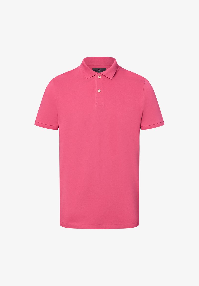 Polohemd in leuchtendem Pink, kurze Ärmel, weicher Baumwollstoff, klassischer Kragen mit zwei Knöpfen, schlichte Gestaltung ohne Muster oder Akzente.