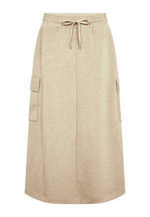 Beeži midi-seelik elastse vöökohtaga, ees kinnitustega ja kahe külgmise klapiga taskuga, valmistatud pehmest kangast.