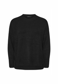 Czarny sweter dzianinowy z okrągłym dekoltem, luźny krój oraz ściągacze przy mankietach i u dołu. Miękka faktura i boczne rozporki dla zwiększonego komfortu.