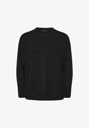 Schwarzer Strickpullover mit Rundhalskragen, lockerer Passform und gerippten Bündchen sowie Saum. Weicher Stoff und seitliche Schlitze für zusätzlichen Komfort.