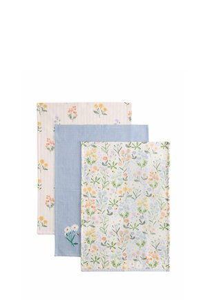 Drei gefaltete Stoffservietten mit floralem und Vichy-Muster in Pastellfarben auf weißem Hintergrund.