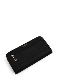 Black leather wallet with a textured finish. Features a front zip pocket and a geometric embossed pattern. Gold branding visible on top.