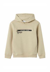 Felpa beige con cappuccio realizzata in tessuto morbido. Caratterizzata da una stampa grafica con il testo "FUTURE ICON" in nero sul davanti e una tasca a marsupio.
