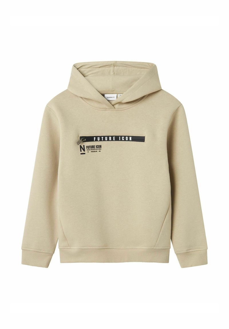 Felpa beige con cappuccio realizzata in tessuto morbido. Caratterizzata da una stampa grafica con il testo "FUTURE ICON" in nero sul davanti e una tasca a marsupio.