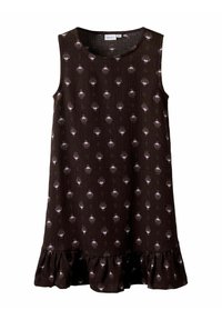 Robe sans manches marron avec une surface texturée, arborant un motif de petites coquilles violettes claires et un ourlet à volants au bas.