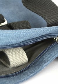 Das Innere einer blauen Denim-Tasche zeigt ein dunkelgraues Futter, schwarze Träger und eine graue Stoffschlaufe; versehen mit einem Reißverschluss in Marineblau mit transparenten Zähnen.