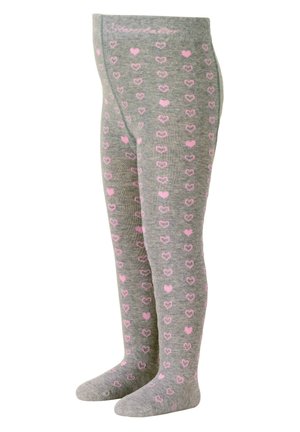 Gray tights with a repeating pattern of small pink hearts, ribbed texture, and a smooth waistband at the top.