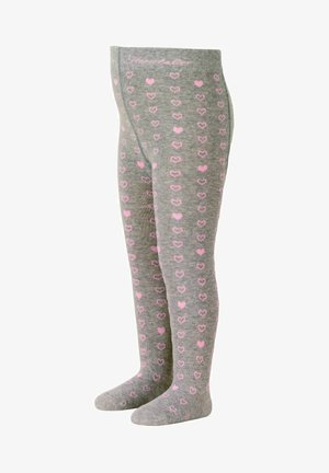 Graue Strumpfhosen mit einem sich wiederholenden Muster aus kleinen rosa Herzen, geripptem Material und einem glatten Bund an der Oberseite.