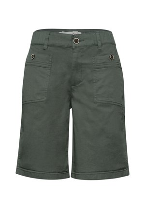 Shorts vert foncé longueur genou avec fermeture à boutons devant et deux poches boutonnées aux hanches.