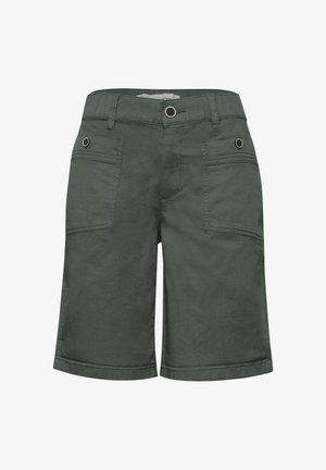 Shorts vert foncé longueur genou avec fermeture à boutons devant et deux poches boutonnées aux hanches.