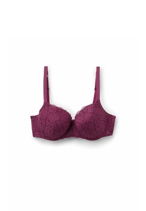 Soutien-gorge en dentelle bourgogne avec armatures, bonnets lisses, bretelles réglables, bords festonnés et motif floral. Fermeture au dos avec agrafe et œillet.