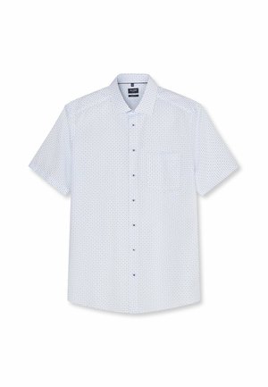 Camicia bianca a maniche corte con piccolo motivo a puntini blu e bottoni frontali, mostrata distesa su sfondo bianco.