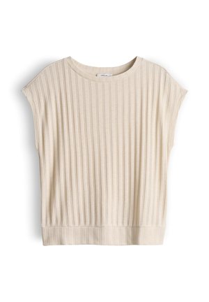 Beige geribd gebreid shirt met korte mouwen, ronde hals en licht verlaagde schouders.
