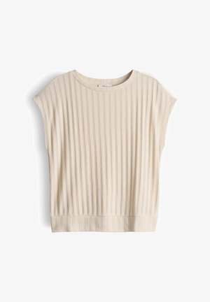 Beige geribd gebreid shirt met korte mouwen, ronde hals en licht verlaagde schouders.
