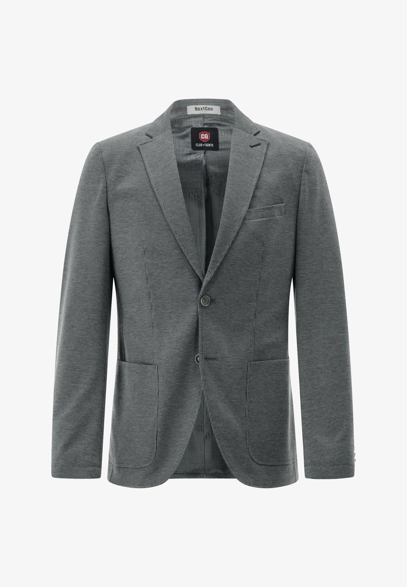 Grau karierter Blazer mit Reverskragen, zwei vorderen Taschen, einem einreihigen Knopfverschluss und glattem Innenfutter mit Logo-Muster.