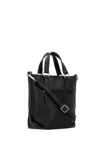 Sac fourre-tout en cuir noir avec finition texturée, anses doubles, bandoulière amovible et poche zippée à l'avant. Garnitures en métal argenté.
