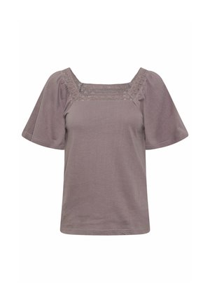 Mauve short-sleeve blouse with wide square neckline and lace trim detail around neck and shoulders.