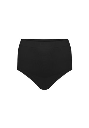 Zwarte hoge taille slip met brede tailleband en gladde stof getoond tegen een witte achtergrond.