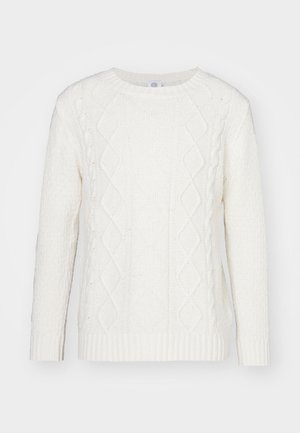 White knitted sweater featuring a classic ribbed crew neck, textured surfaces, and cable-knit patterns on the front and sleeves.