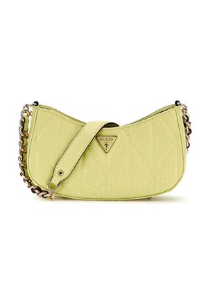 Lichtgroene, gequiltte crossbody tas met een zachte afwerking, met een driehoekig logo en een gouden kettingriem.