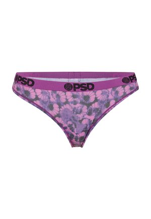 Sous-vêtements féminins à motifs floraux violets et roses avec une ceinture violette ornée de logos PSD noirs.
