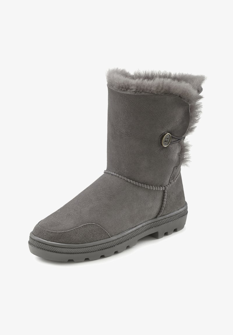 Graue Wildleder-Ankle Boots mit Kunstfellfutter, runder Spitze, dekorativem Knopf an der Seite und profilierter Gummisohle für besseren Halt.