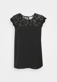 Černý top s krajkovými rukávy, strukturované tělo s vertikálními pruhy a uzávěr na zádech ve tvaru klíčové dírky.