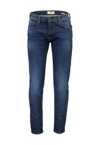 Schmale Jeans aus dunkelblauem Denim. Verfügt über fünf Taschen, einen Reißverschluss und dezente Nähdetails. Glatte Textur, minimale Gebrauchsspuren.