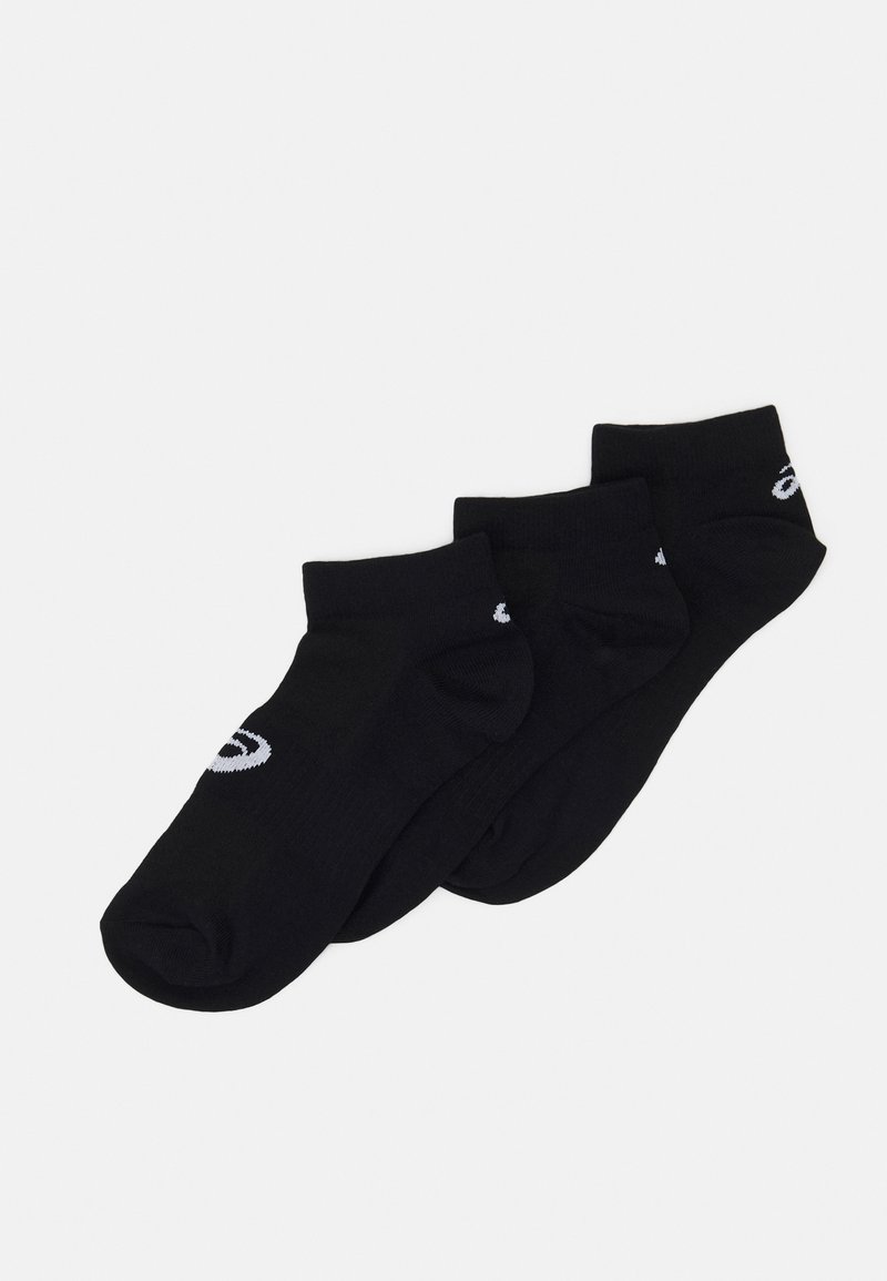 Black cotton ankle socks in a set of three. Features a ribbed cuff and logo in white. Soft texture and classic design.
