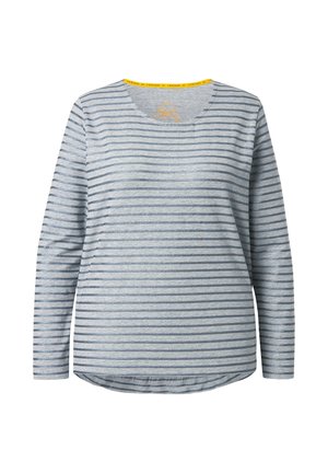 Langärmliges gestreiftes Hemd in Hellgrau mit dunkelgrauen horizontalen Streifen. Verfügt über einen runden Ausschnitt mit gelbem Akzent am Kragen.