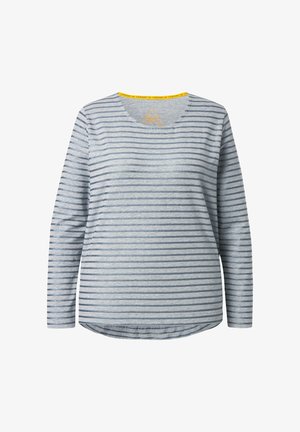 Langärmliges gestreiftes Hemd in Hellgrau mit dunkelgrauen horizontalen Streifen. Verfügt über einen runden Ausschnitt mit gelbem Akzent am Kragen.